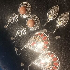 Dangle drop earrings 3 pair silver tone coral colors faux stone.